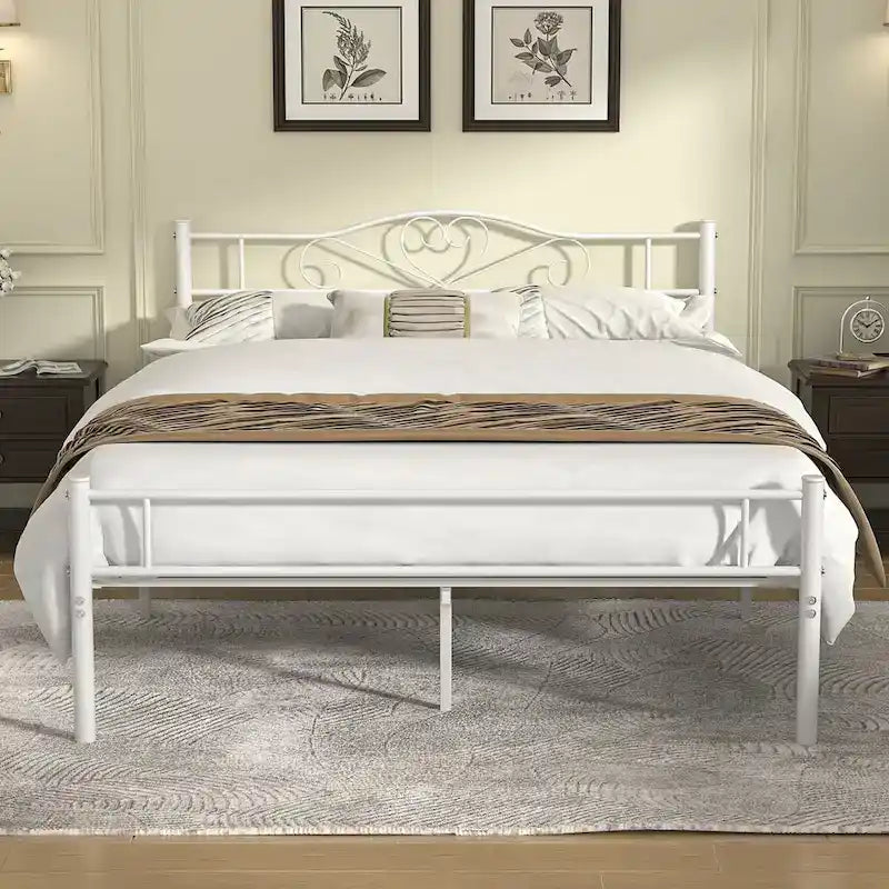 Javlergo Full Size Metal Bed Bed Frame with Headboard and Footboard, White