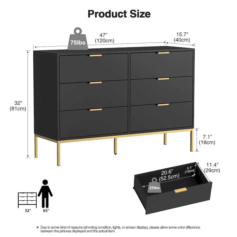 Modern 6-Drawer Double Dresser Black Wood Chest of Drawers Storage Organizer for Bedroom