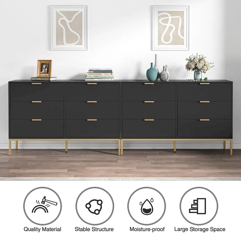 Modern 6-Drawer Double Dresser Black Wood Chest of Drawers Storage Organizer for Bedroom