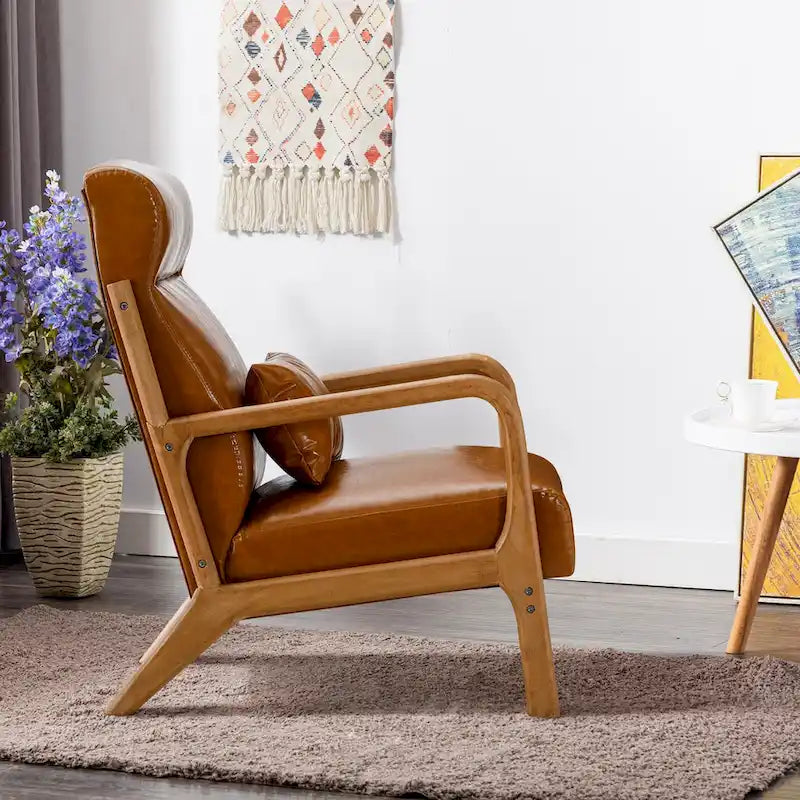 Upholstered Linen Blend Accent Chair with Wooden Legs and One Pillow