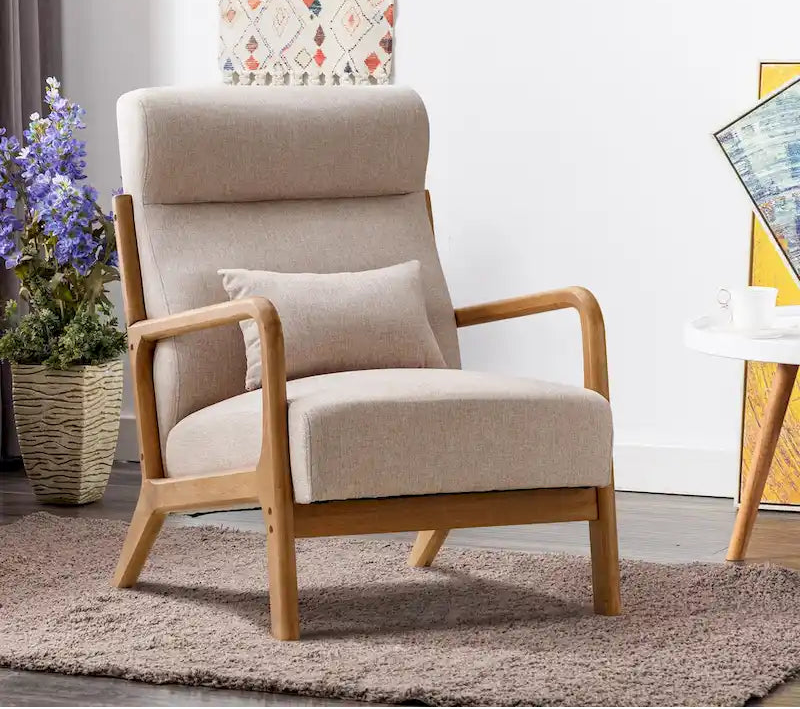 Upholstered Linen Blend Accent Chair with Wooden Legs and One Pillow