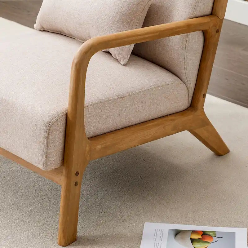 Upholstered Linen Blend Accent Chair with Wooden Legs and One Pillow