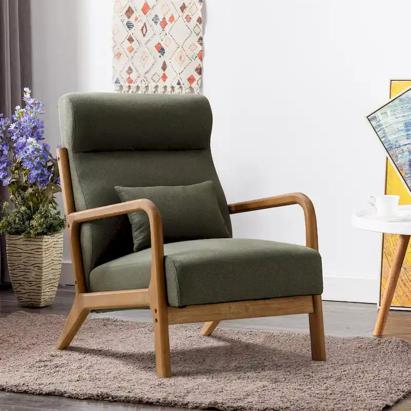 Upholstered Linen Blend Accent Chair with Wooden Legs and One Pillow