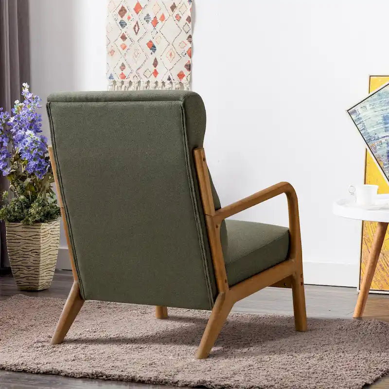 Upholstered Linen Blend Accent Chair with Wooden Legs and One Pillow