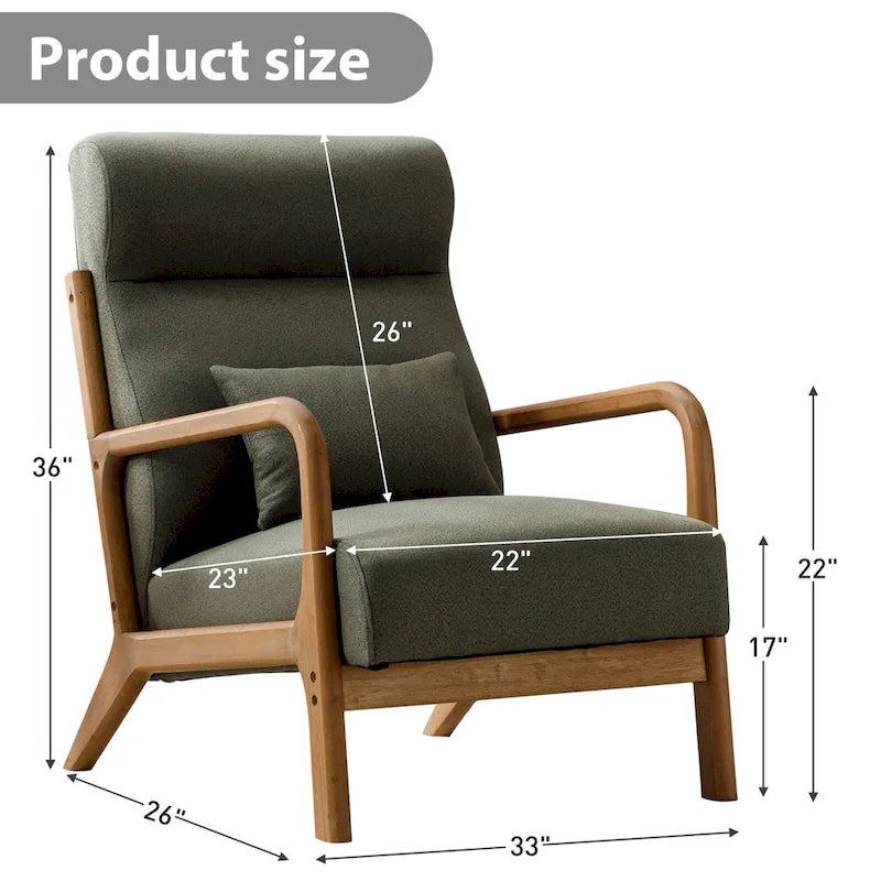 Upholstered Linen Blend Accent Chair with Wooden Legs and One Pillow