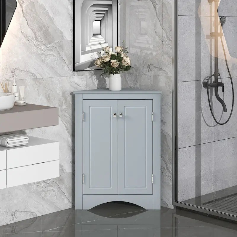 32 Wood 2-door Bathroom Corner Cabinet with Adjustable Shelves