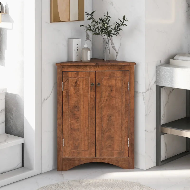 32 Wood 2-door Bathroom Corner Cabinet with Adjustable Shelves