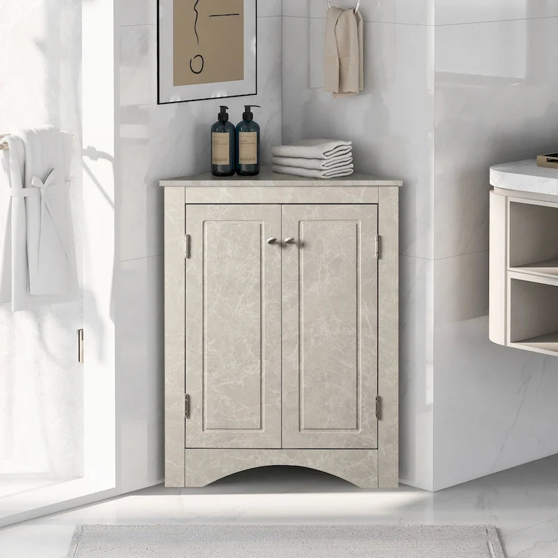 32 Wood 2-door Bathroom Corner Cabinet with Adjustable Shelves