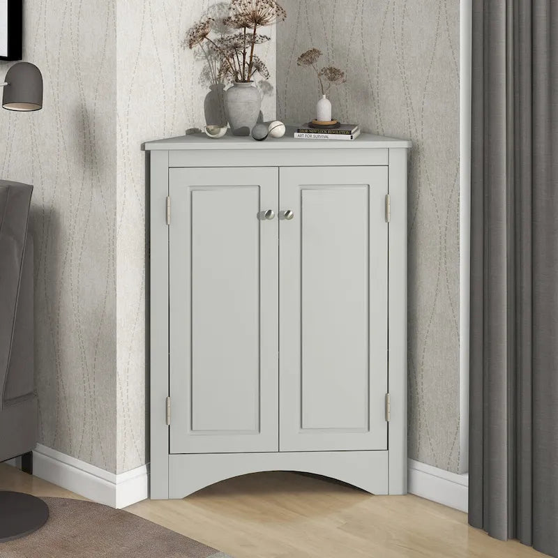 32 Wood 2-door Bathroom Corner Cabinet with Adjustable Shelves